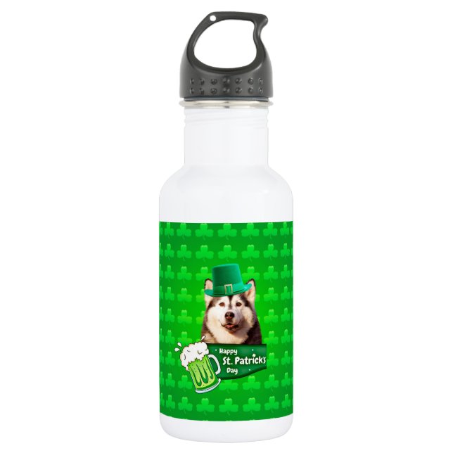 Cute Siberian Husky Dog Hat St. Patrick's Day Water Bottle (Front)