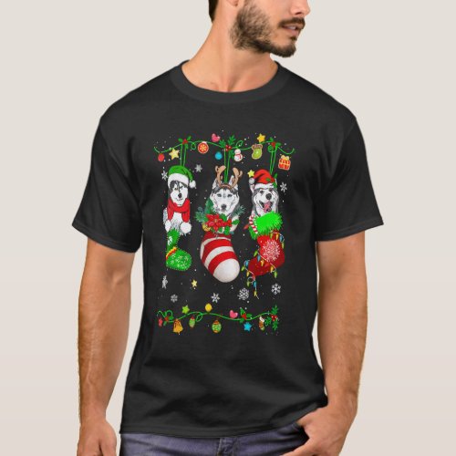 Cute Siberian Husky Dog In Christmas Socks Pet T-Shirt