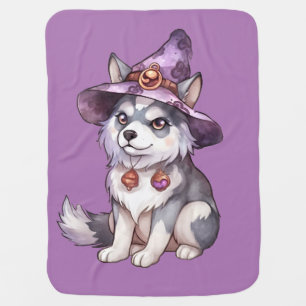 Cute Siberian Husky Dog in Witch Hat Baby Blanket