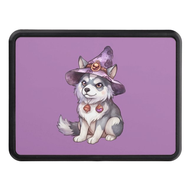 Cute Siberian Husky Dog in Witch Hat Hitch Cover (Front)