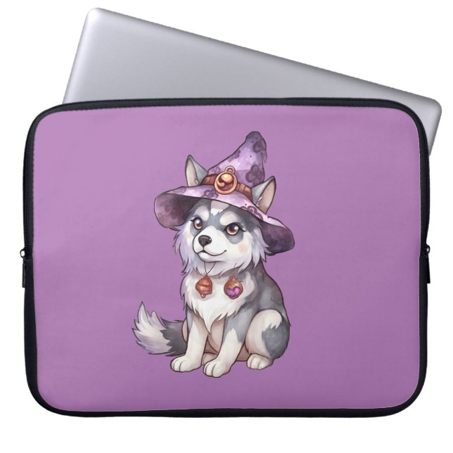 Cute Siberian Husky Dog in Witch Hat Laptop Sleeve (Front)