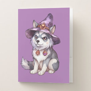 Cute Siberian Husky Dog in Witch Hat Pocket Folder