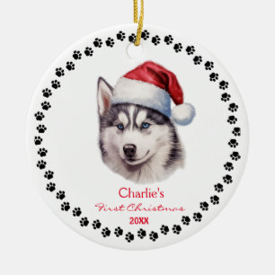 Cute Siberian Husky Dog Santa Hat Paw Custom Ceramic Ornament