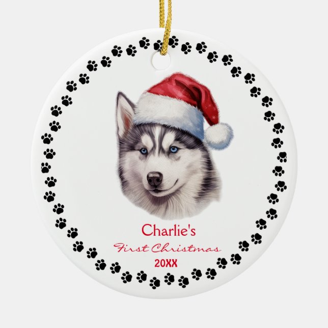 Cute Siberian Husky Dog Santa Hat Paw Custom Ceramic Ornament (Front)