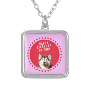 Cute Siberian Husky Dog Wishing Happy Birthday Silver Plated Necklace