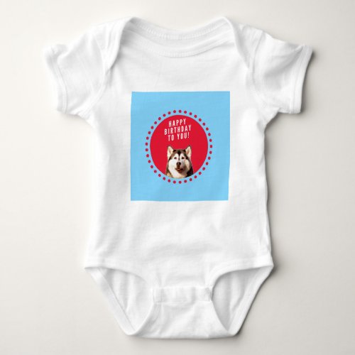 Cute Siberian Husky Happy Birthday blue red dots Baby Bodysuit