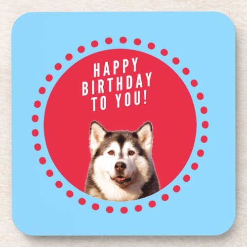 Cute Siberian Husky Happy Birthday blue red dots Beverage Coaster