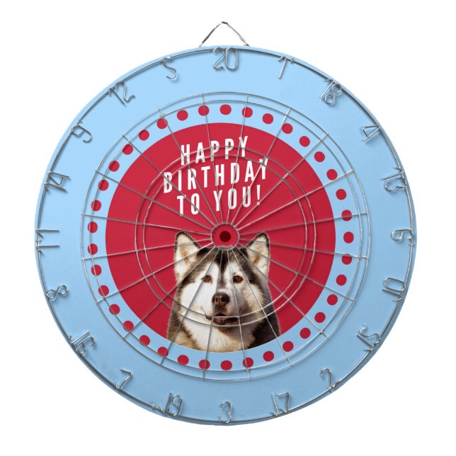 Cute Siberian Husky Happy Birthday blue red dots Dartboard With Darts (Front)