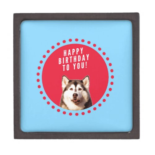 Cute Siberian Husky Happy Birthday blue red dots Jewelry Box