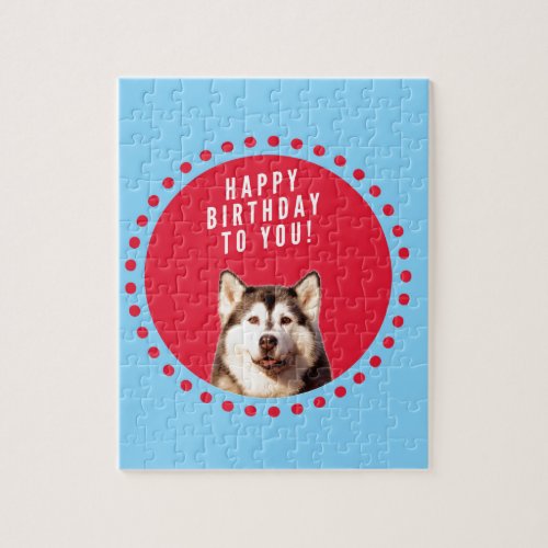 Cute Siberian Husky Happy Birthday blue red dots Jigsaw Puzzle