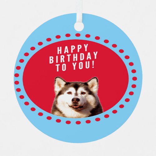 Cute Siberian Husky Happy Birthday blue red dots Ornament