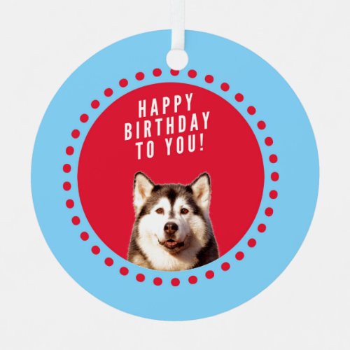 Cute Siberian Husky Happy Birthday blue red dots Ornament