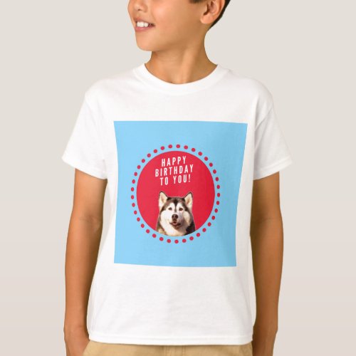 Cute Siberian Husky Happy Birthday blue red dots T_Shirt
