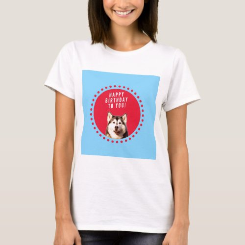 Cute Siberian Husky Happy Birthday blue red dots T_Shirt