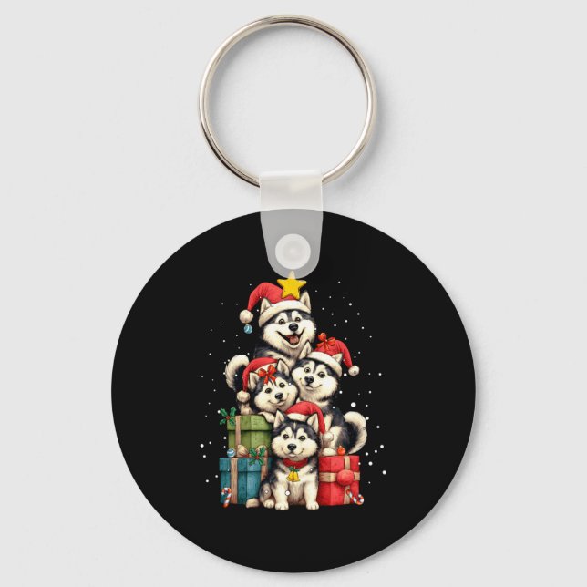 Cute Siberian Husky Le Dog Christmas Tree Xmas Hat Keychain (Front)