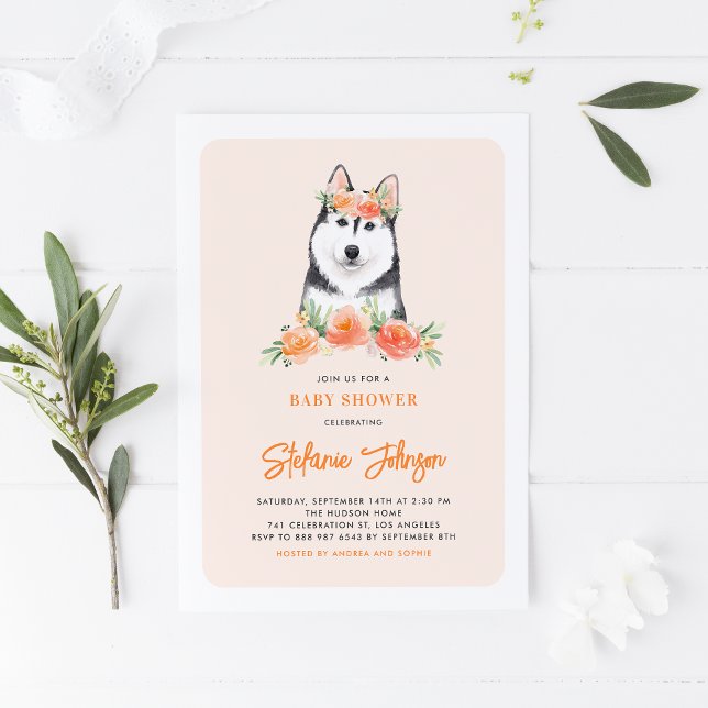 Cute Siberian Husky Peach Floral Baby Shower Invitation (Creator Uploaded)