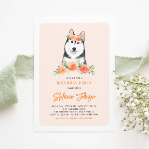 Cute Siberian Husky Peach Floral Kids Birthday Invitation