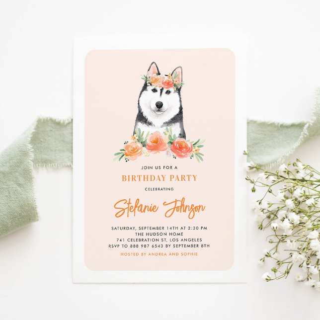Cute Siberian Husky Peach Floral Kids Birthday Invitation (Creator Uploaded)