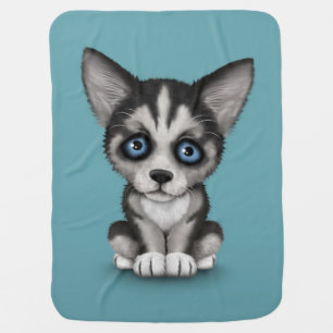 Cute Siberian Husky Puppy Dog on Blue Stroller Blanket