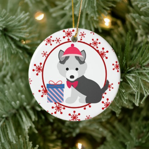 Cute Siberian Husky Puppy Snowflake Ceramic Ornament