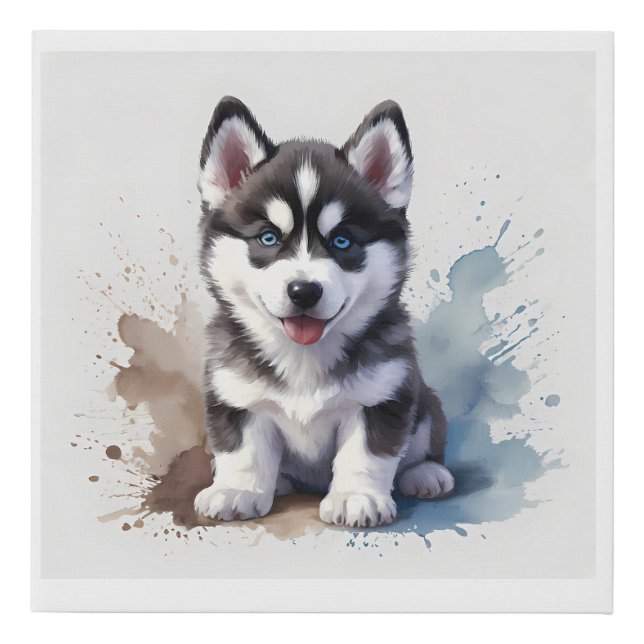Cute Siberian Husky puppy, watercolor on  Faux Canvas Print (Front)