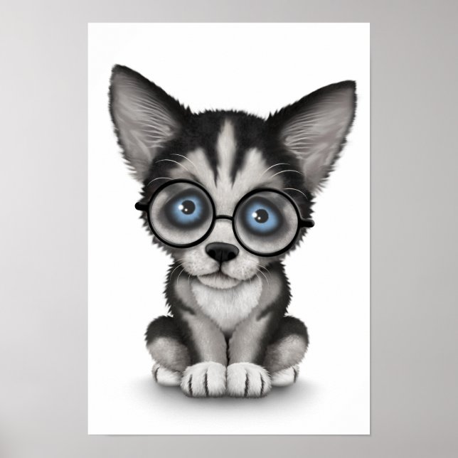 Cute Siberian Husky Puppy Wearing Glasses White Poster (Front)