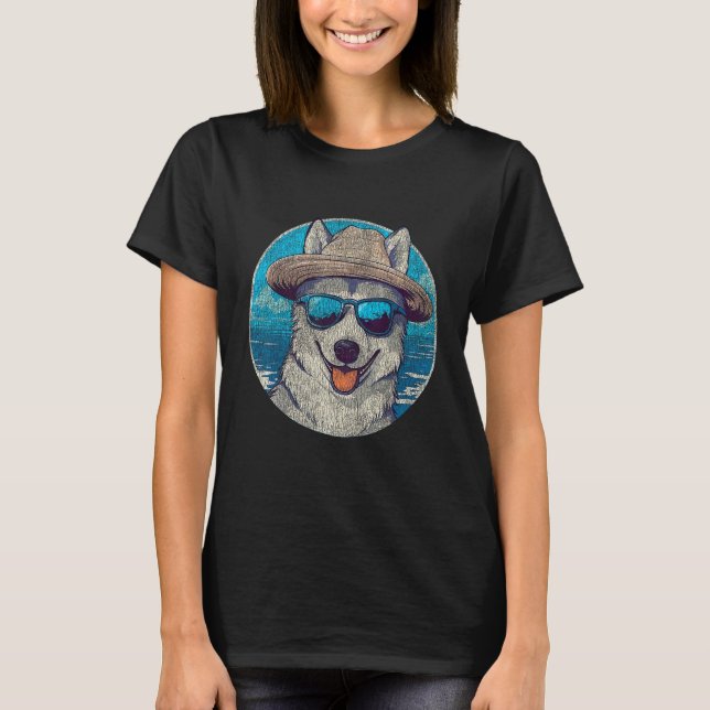 Cute Siberian Husky Wearing Sunglasses and Hat T-Shirt (Front)