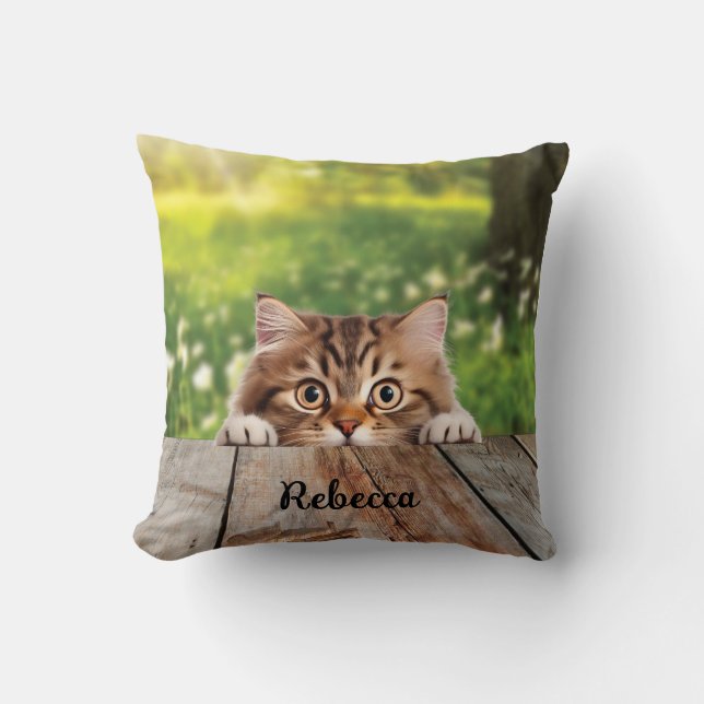 Cute Siberian Peek Cat Throw Pillow (Front)