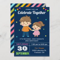 Cute Siblings Twin Birthday Party Invitation