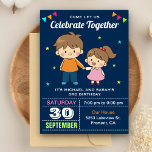 Cute Siblings Twin Birthday Party Invitation<br><div class="desc">Amaze your guests with this twin birthday party invite featuring a cute boy and a girl with modern typography against a blue background. Simply add your event details on this easy-to-use template to make it a one-of-a-kind invitation. Flip the card over to reveal a colorful stripes pattern on the back...</div>