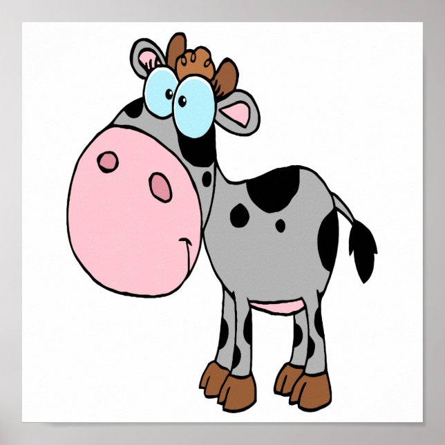 cute silly cartoon baby cow calf gray poster (Front)