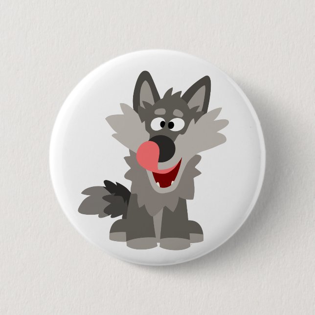 Cute Silly Cartoon Wolf Pinback Button (Front)