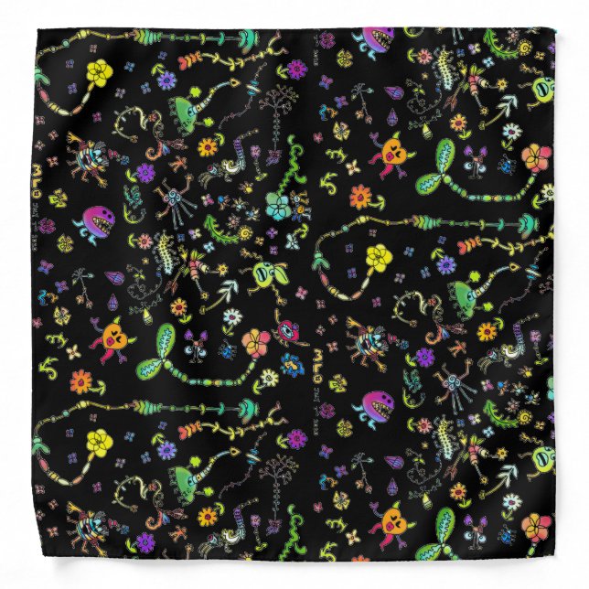 Cute Silly Doodles And Flowers Print Bandana (Front)