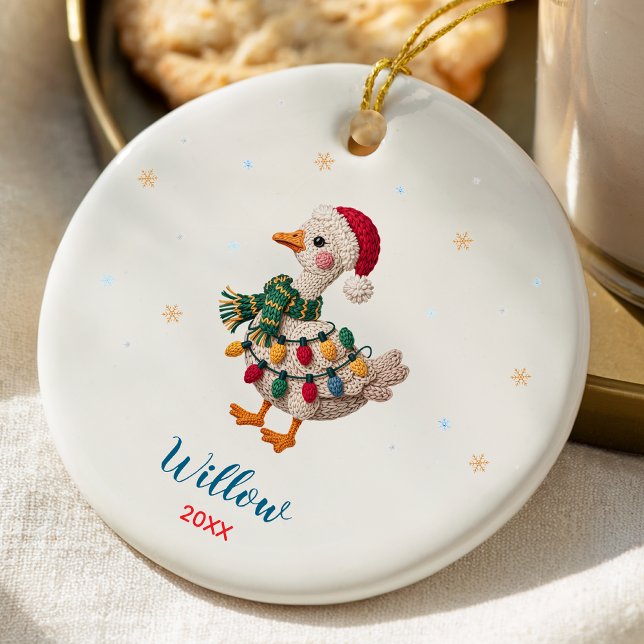 Cute silly goose christmas lights custom ceramic ornament (Creator Uploaded)