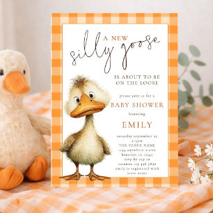 Cute Silly Goose Orange Gingham Baby Shower Invitation