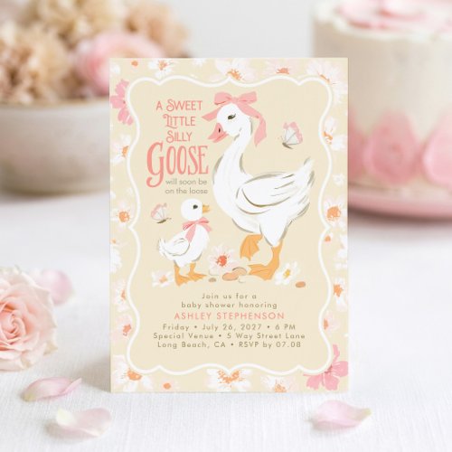 Cute Silly Goose Pink Bow Girl Baby Shower Invitation