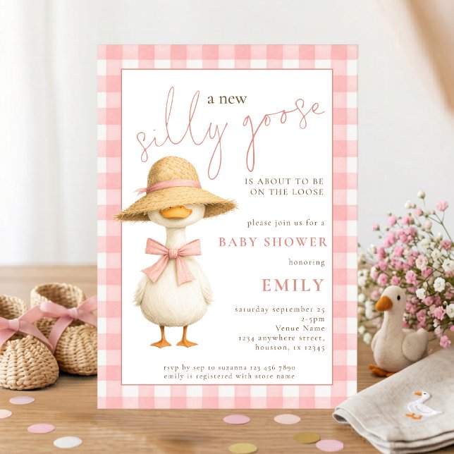 Cute Silly Goose Pink Gingham Baby Shower Invitation (Creator Uploaded)