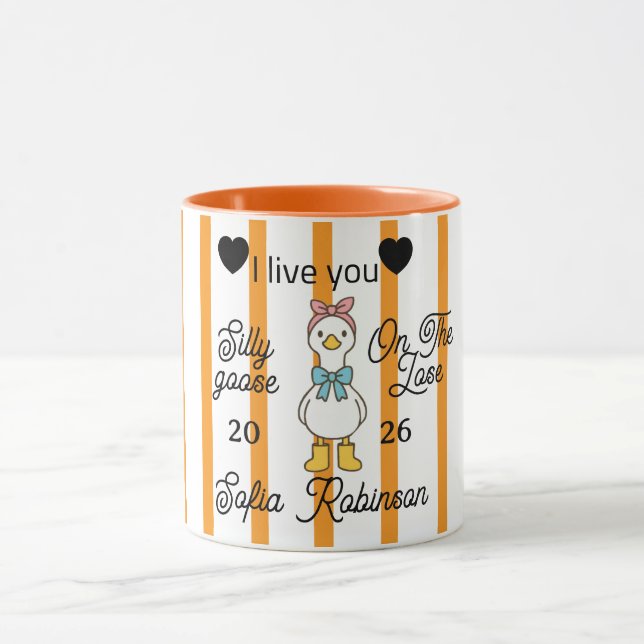 Cute Silly Goose Pink Stripe Personalized Mug (Center)