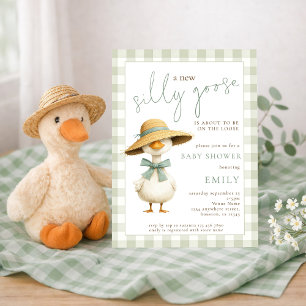 Cute Silly Goose Sage Gingham Baby Shower Invitation