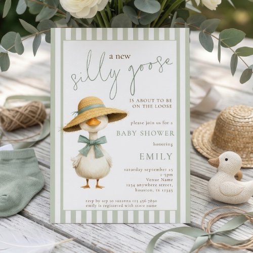 Cute Silly Goose Sage Stripes Baby Shower Invitation