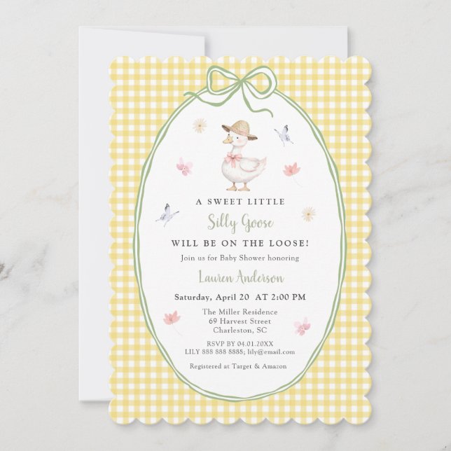 Cute Silly Goose Yellow gingham Baby shower  Invitation (Front)