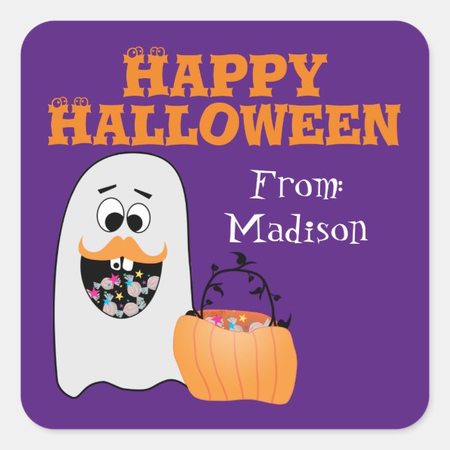 Cute Silly Halloween Ghost Sweet tooth Kids Square Square Sticker (Front)