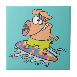 cute silly surfer surfing piggy pig ceramic tile
