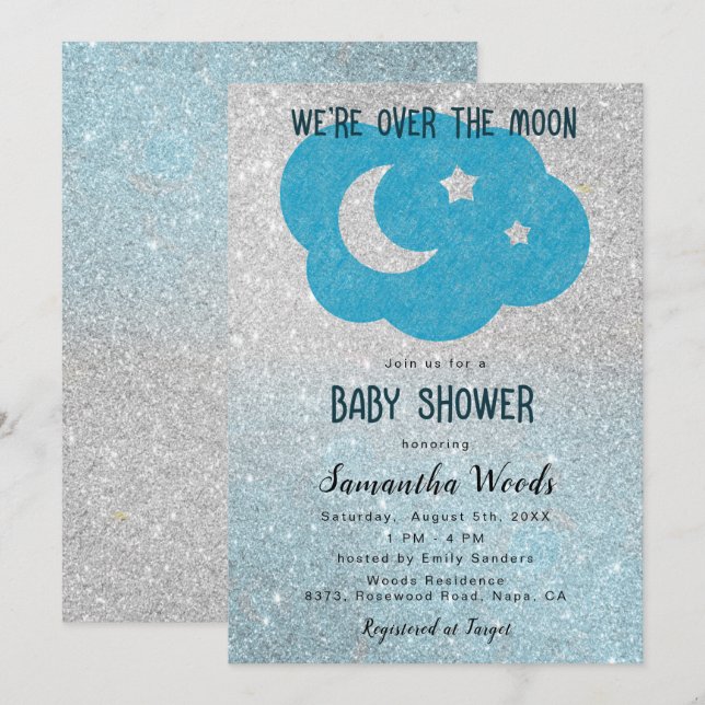 Cute Silver and Blue Glitter Moon Baby Shower  Invitation (Front/Back)