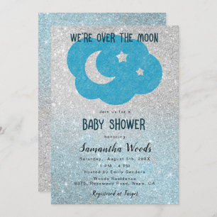 Cute Silver and Blue Glitter Moon Baby Shower Invitation