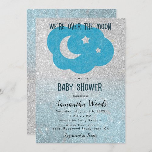 Cute Silver and Blue Glitter Moon Baby Shower  Invitation
