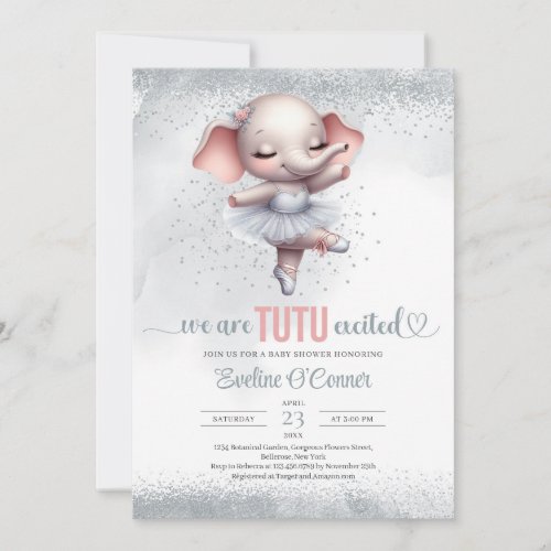 Cute silver and pink tutu dress elephant ballerina invitation