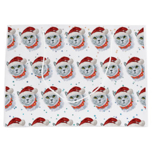 Cute Silver Cat with Santa Hat Christmas Large Gift Bag