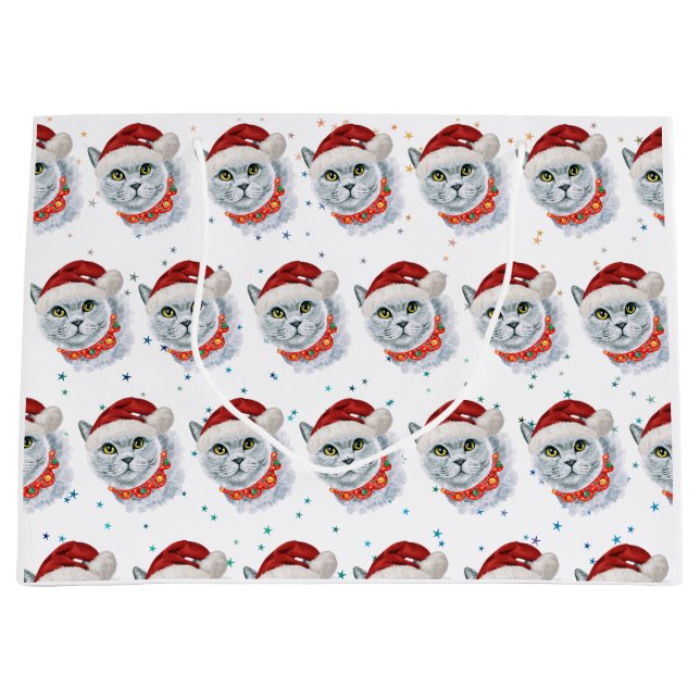 Cute Silver Cat with Santa Hat Christmas Large Gift Bag (Front)