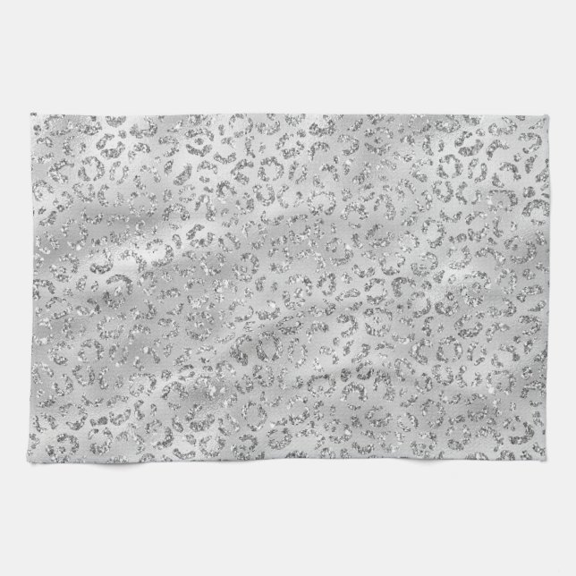 Cute Silver Cheetah Leopard Skin Print Pattern Kitchen Towel (Horizontal)